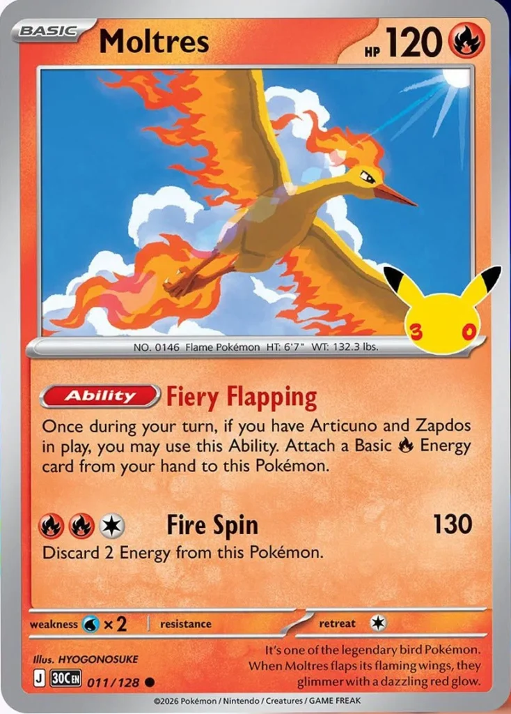 Moltres-kaart uit de Pokémon TCG-set 30th Celebration