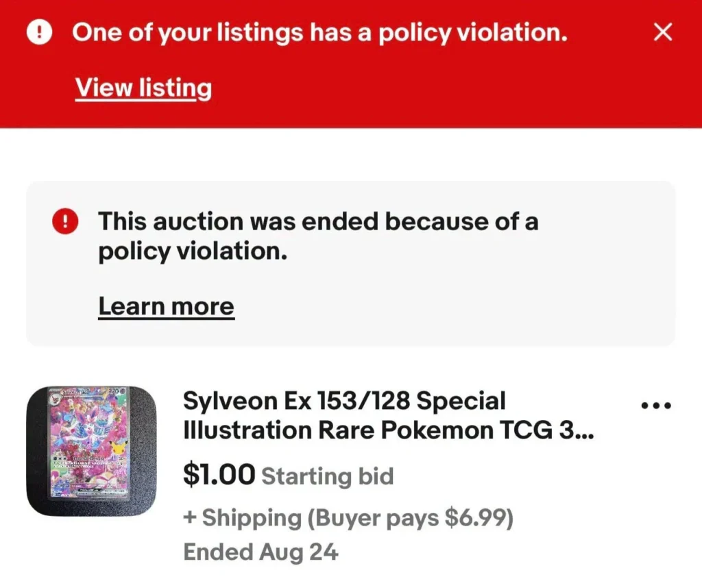 Sylveon ex Pokémon-kaart met eBay-melding over verwijderde 30th Anniversary-listing