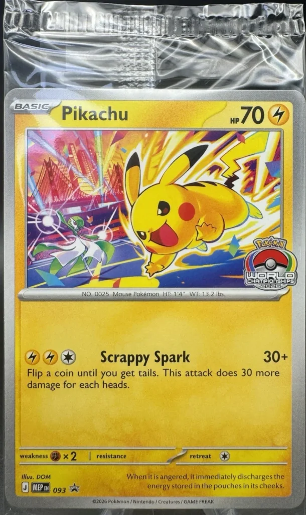 Worlds Pikachu-promokaart die verkrijgbaar is bij GameStop, Best Buy en Hot Topic